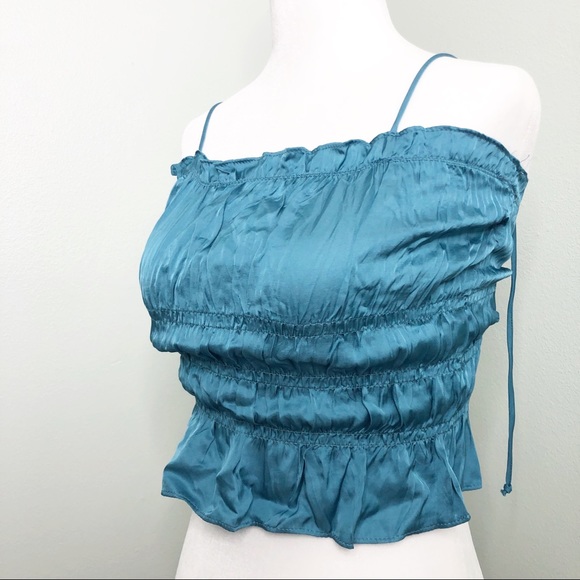 Olivaceous Crop Top Y2K Teal Blue Ruffle Sleeveless - Picture 2 of 13